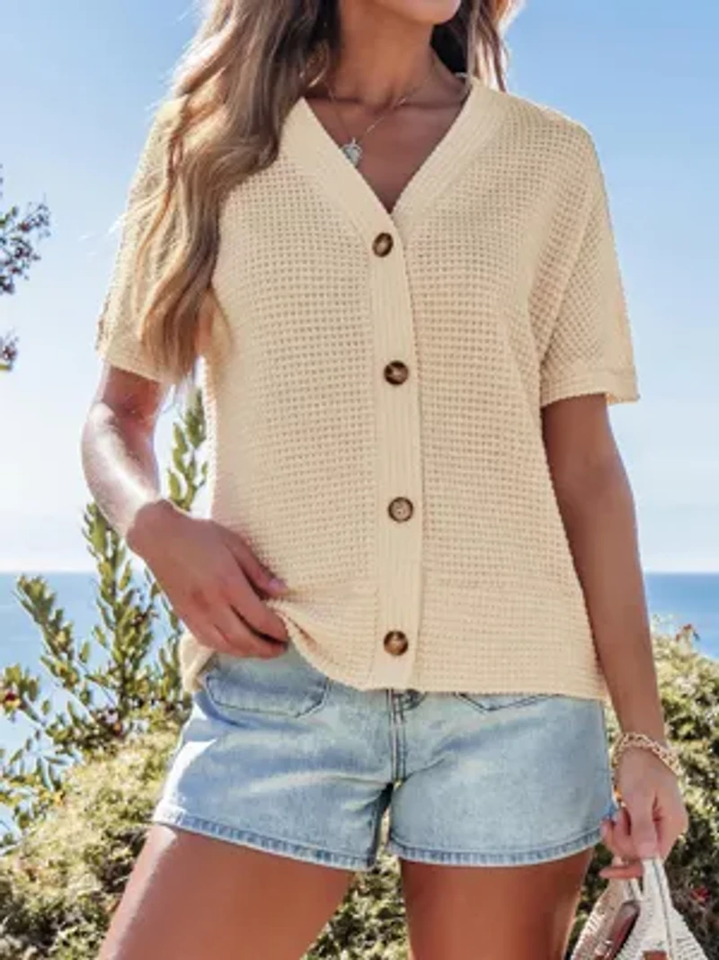 Women's Waffle Knit Short Sleeve Button Up Top