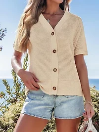 Women's Waffle Knit Short Sleeve Button Up Top