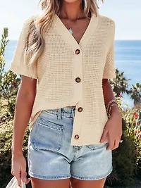 Women's Waffle Knit Short Sleeve Button Up Top