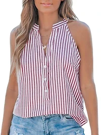 Women's Striped V-Neck Buttoned Top
