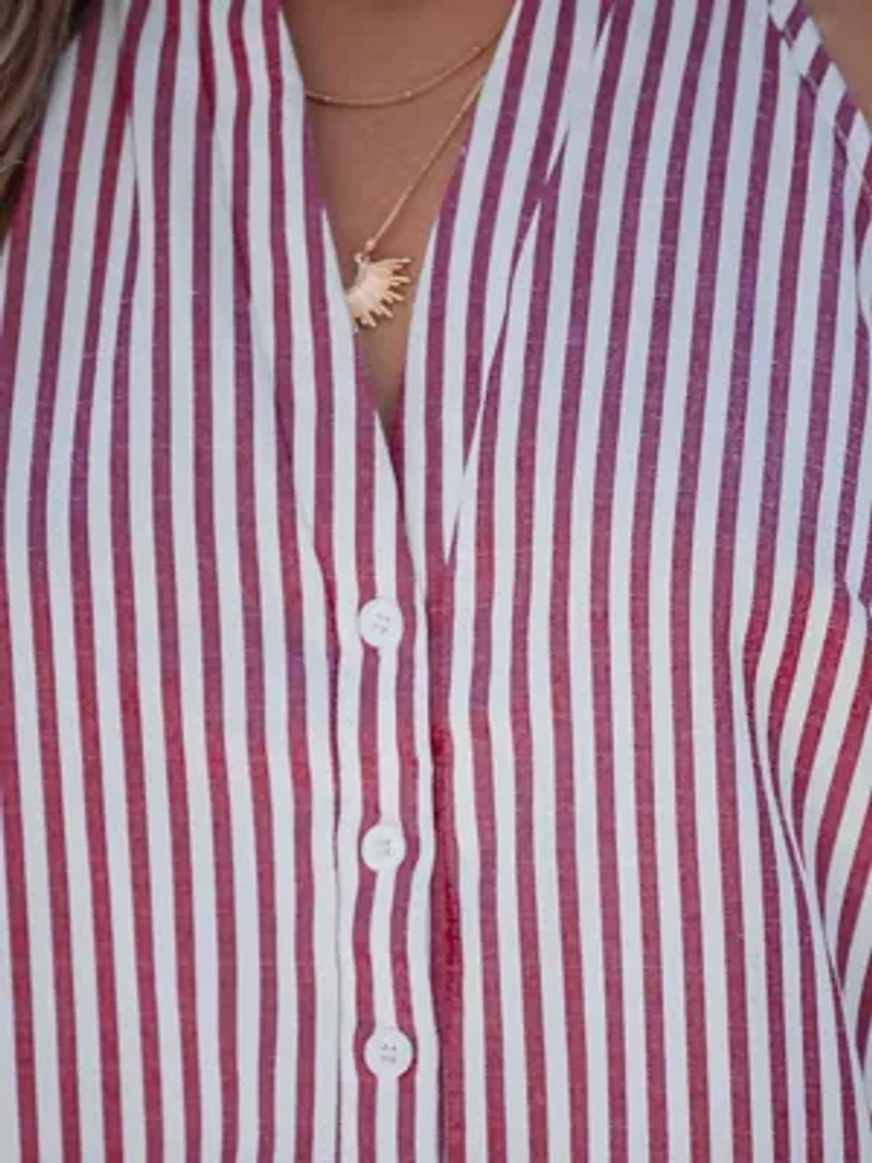Women's Striped V-Neck Buttoned Top