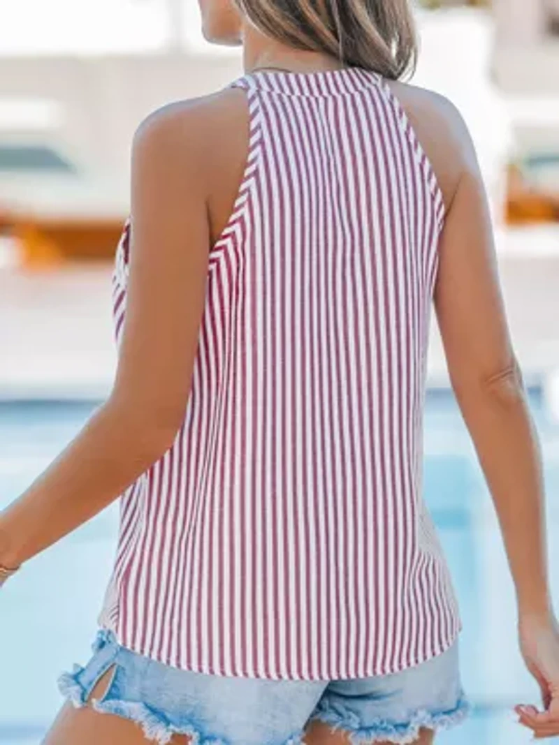 Women's Striped V-Neck Buttoned Top