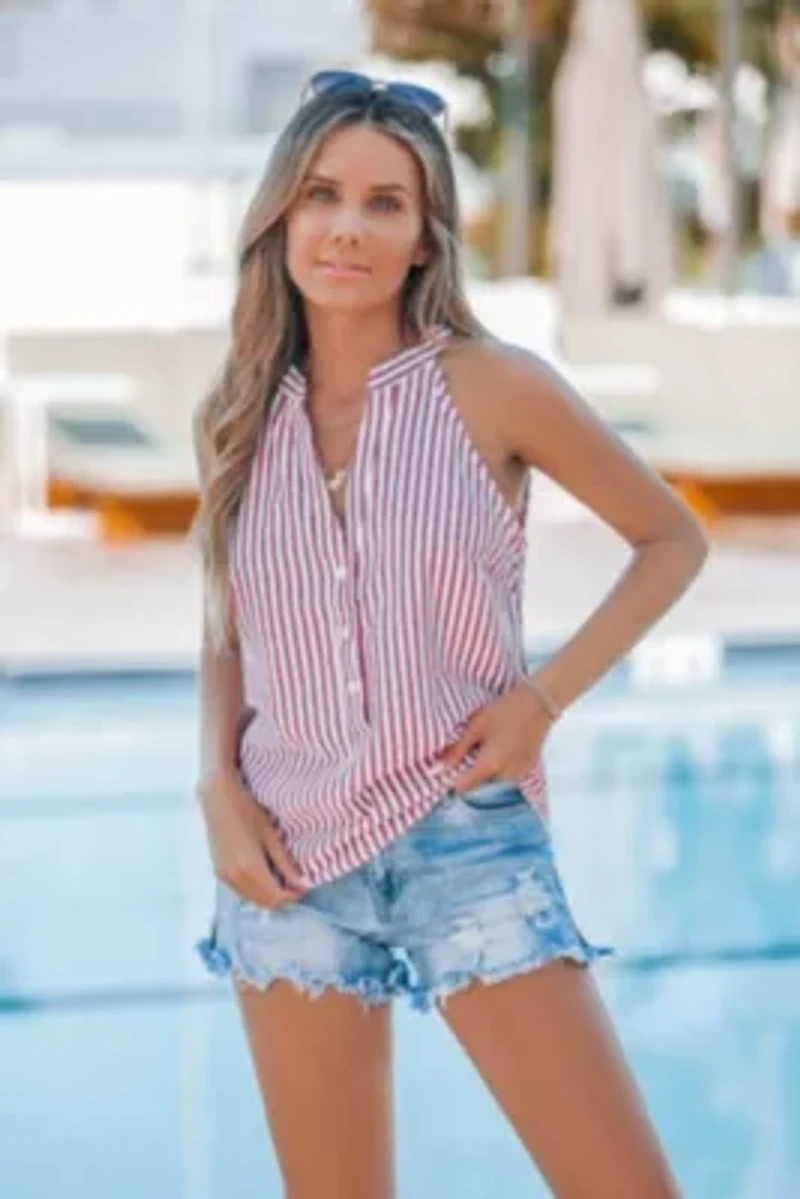 Women's Striped V-Neck Buttoned Top