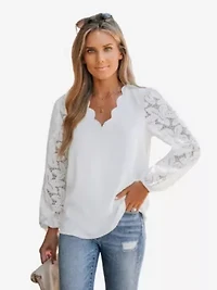 Women's Floral Lace Scalloped V Neck Top