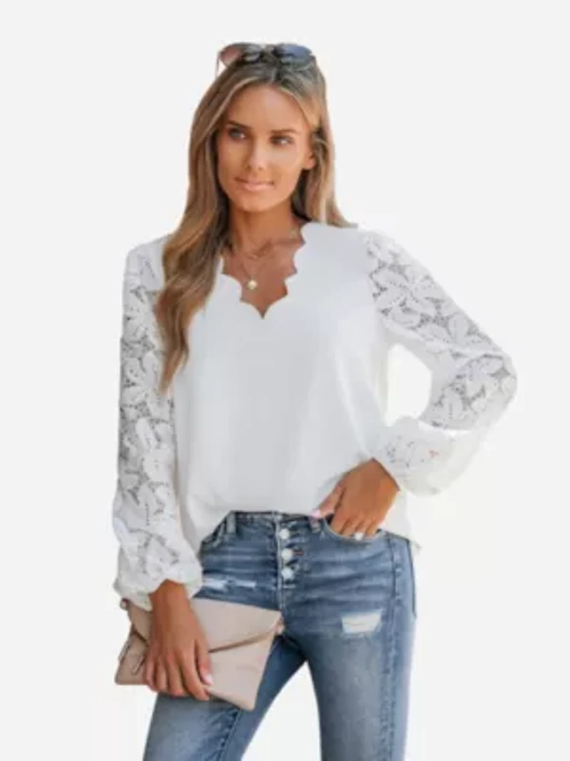 Women's Floral Lace Scalloped V Neck Top