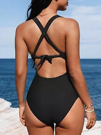 Women's Plunge Paneling Cross Tie Back One Piece Swimsuit - Cupshe-XL-Black
