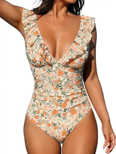 Women's Floral Ruffled Lace Up One Piece Swimsuit - Cupshe-S-Beige