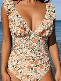 Women's Floral Ruffled Lace Up One Piece Swimsuit - Cupshe-S-Beige