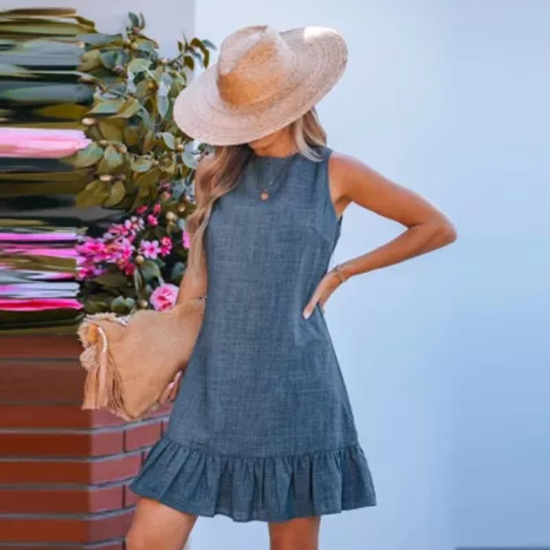 Women's Charming Chambray Back Tie Ruffle Dress