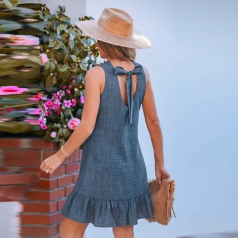 Women's Charming Chambray Back Tie Ruffle Dress