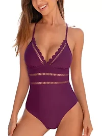 Women's Purple Scalloped V-Neck One-Piece Swimsuit