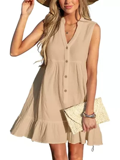 Women's Ruffle Hem Front Buttons Mini Cover-Up Dress