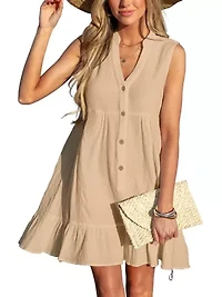 Women's Ruffle Hem Front Buttons Mini Cover-Up Dress
