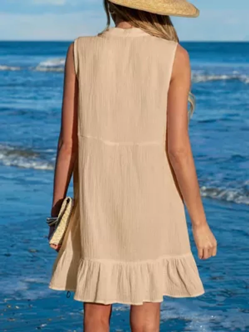 Women's Ruffle Hem Front Buttons Mini Cover-Up Dress
