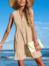 Women's Ruffle Hem Front Buttons Mini Cover-Up Dress