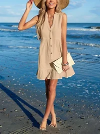 Women's Ruffle Hem Front Buttons Mini Cover-Up Dress
