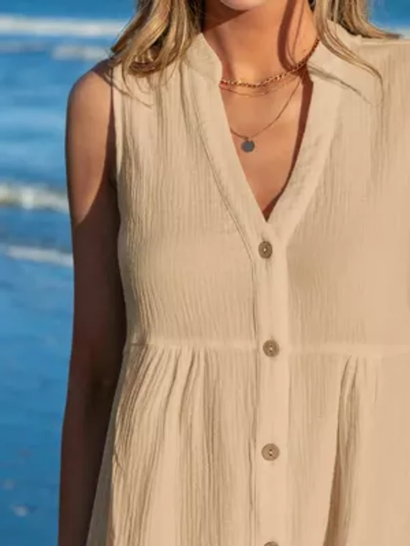 Women's Ruffle Hem Front Buttons Mini Cover-Up Dress