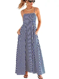Women's Striped Spaghetti Strap Maxi Tiered Dress