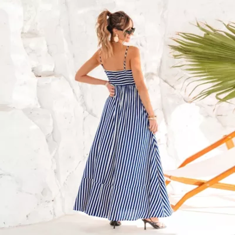 Women's Striped Spaghetti Strap Maxi Tiered Dress