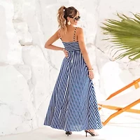 Women's Striped Spaghetti Strap Maxi Tiered Dress