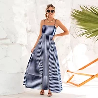 Women's Striped Spaghetti Strap Maxi Tiered Dress