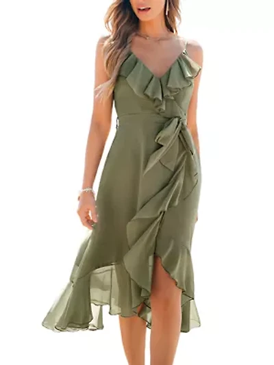 Women's Ruffled Olive Green Chiffon Midi Wedding Guest Dress