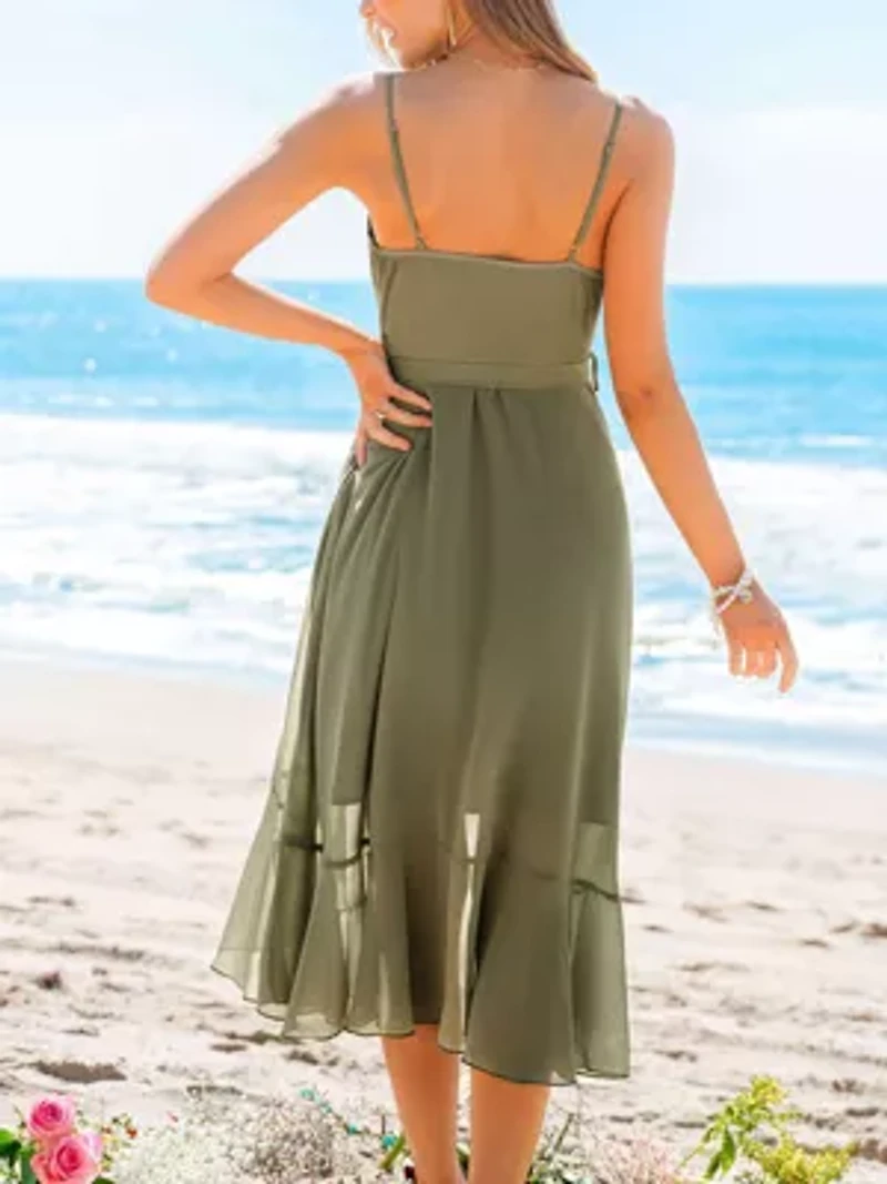 Women's Ruffled Olive Green Chiffon Midi Wedding Guest Dress