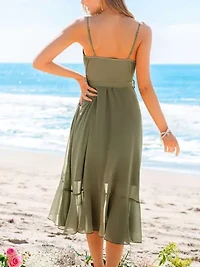 Women's Ruffled Olive Green Chiffon Midi Wedding Guest Dress