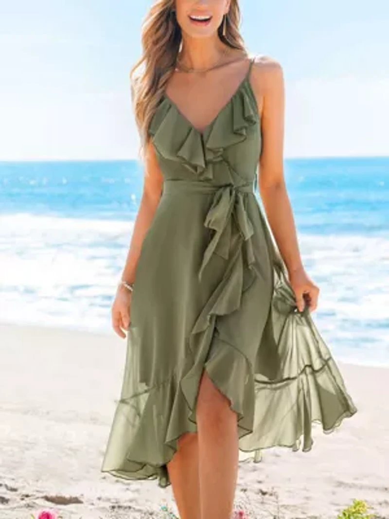 Women's Ruffled Olive Green Chiffon Midi Wedding Guest Dress