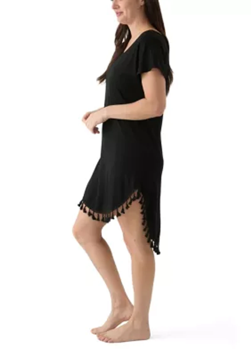 Women's Short Sleeve Solid Swim Cover Up Dress with Tassel Hem