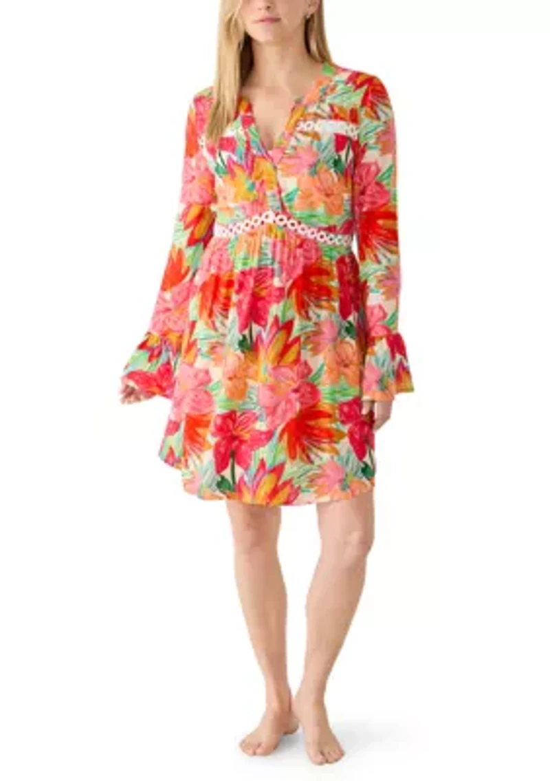 Women's Lace Inset V-Neck Bell Sleeve Dress