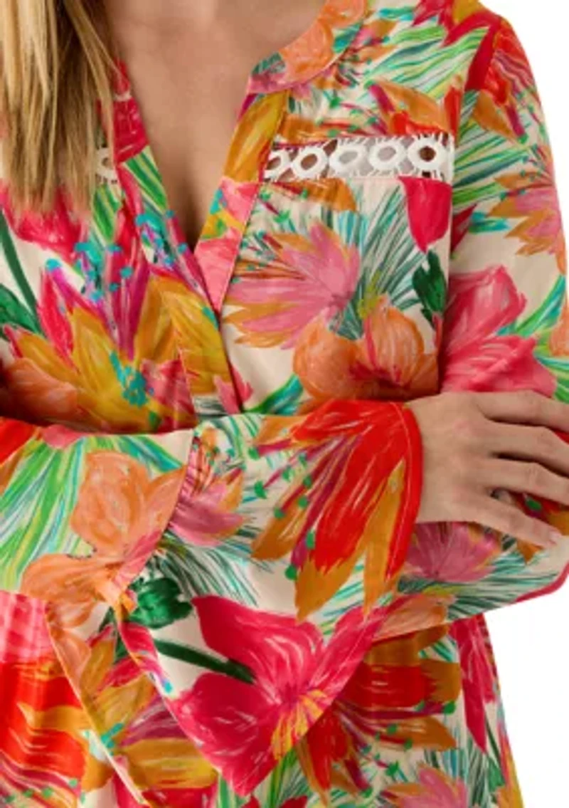 Women's Lace Inset V-Neck Bell Sleeve Dress