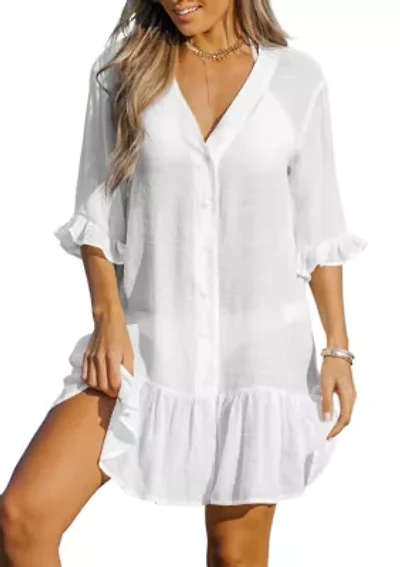 Women's V Neck Ruffled Cover Up Button Down Beach Dress