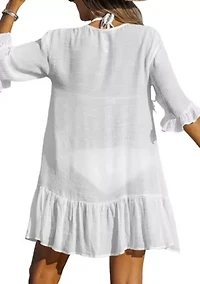 Women's V Neck Ruffled Cover Up Button Down Beach Dress