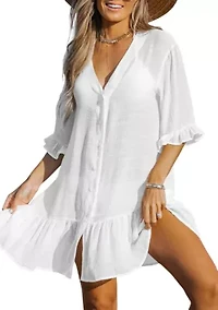 Women's V Neck Ruffled Cover Up Button Down Beach Dress