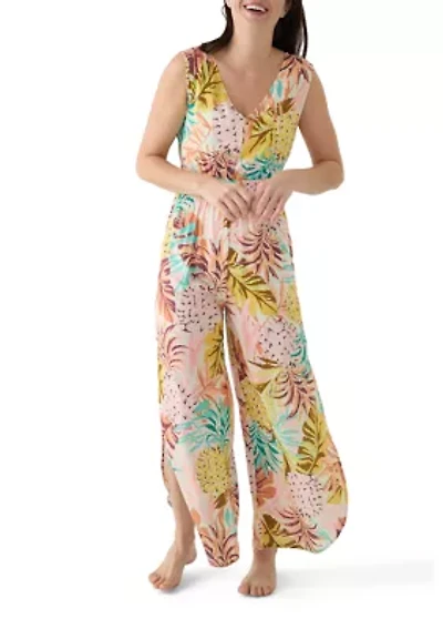 Women's Sleeveless Smocked Tropical Print Swim Cover Up Jumpsuit