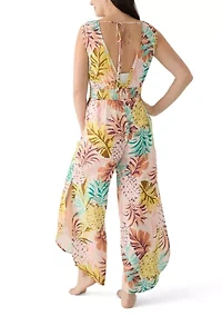 Women's Sleeveless Smocked Tropical Print Swim Cover Up Jumpsuit