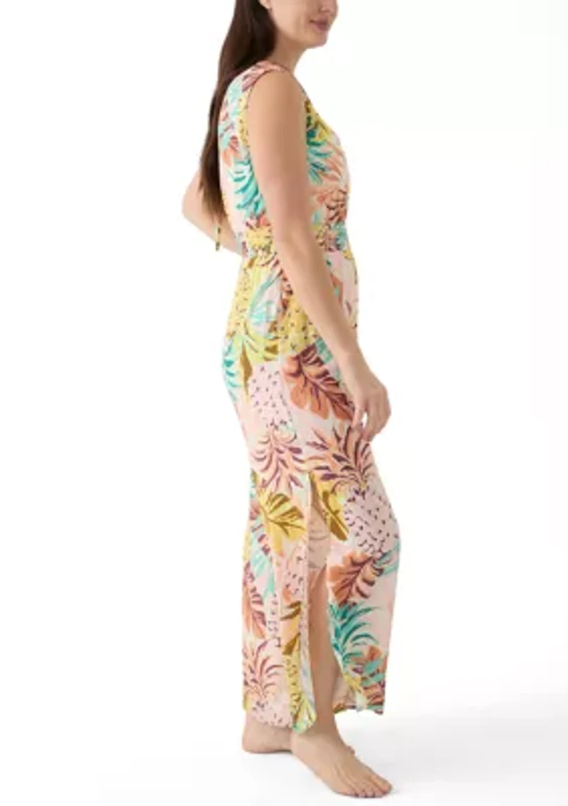 Women's Sleeveless Smocked Tropical Print Swim Cover Up Jumpsuit