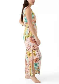 Women's Sleeveless Smocked Tropical Print Swim Cover Up Jumpsuit