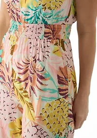 Women's Sleeveless Smocked Tropical Print Swim Cover Up Jumpsuit