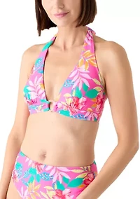 Women's Ring Front Floral Print Halter Bikini Top