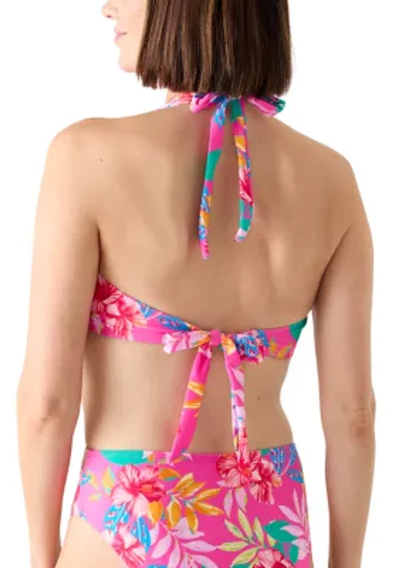 Women's Ring Front Floral Print Halter Bikini Top