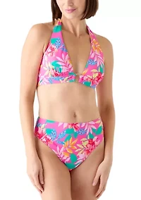 Women's Ring Front Floral Print Halter Bikini Top
