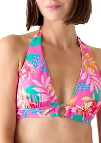 Women's Ring Front Floral Print Halter Bikini Top