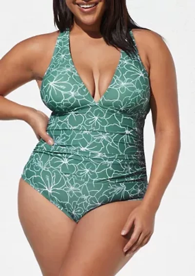 Plus Plunge Retro Floral Printed Crossback Swimsuit
