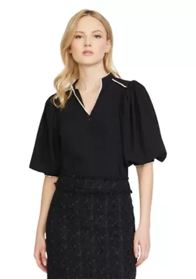 Women's Balloon Sleeve Diamond Trim Blouse