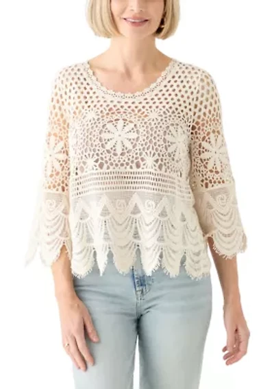 Women's 3/4 Sleeve Crochet Knit Sweater