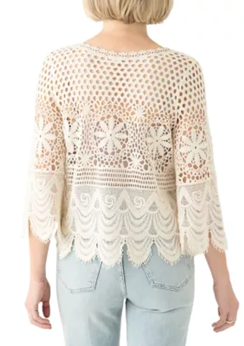 Women's 3/4 Sleeve Crochet Knit Sweater