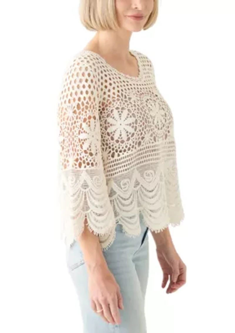 Women's 3/4 Sleeve Crochet Knit Sweater