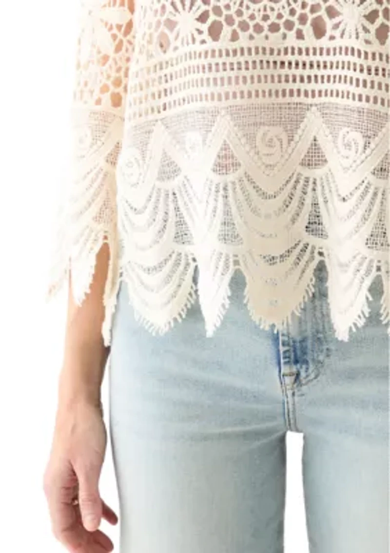 Women's 3/4 Sleeve Crochet Knit Sweater